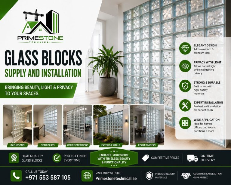 Glass Blocks Supply & Installation in Dubai 0553587105 6 Glass block wall installation in modern Dubai villa bathroom