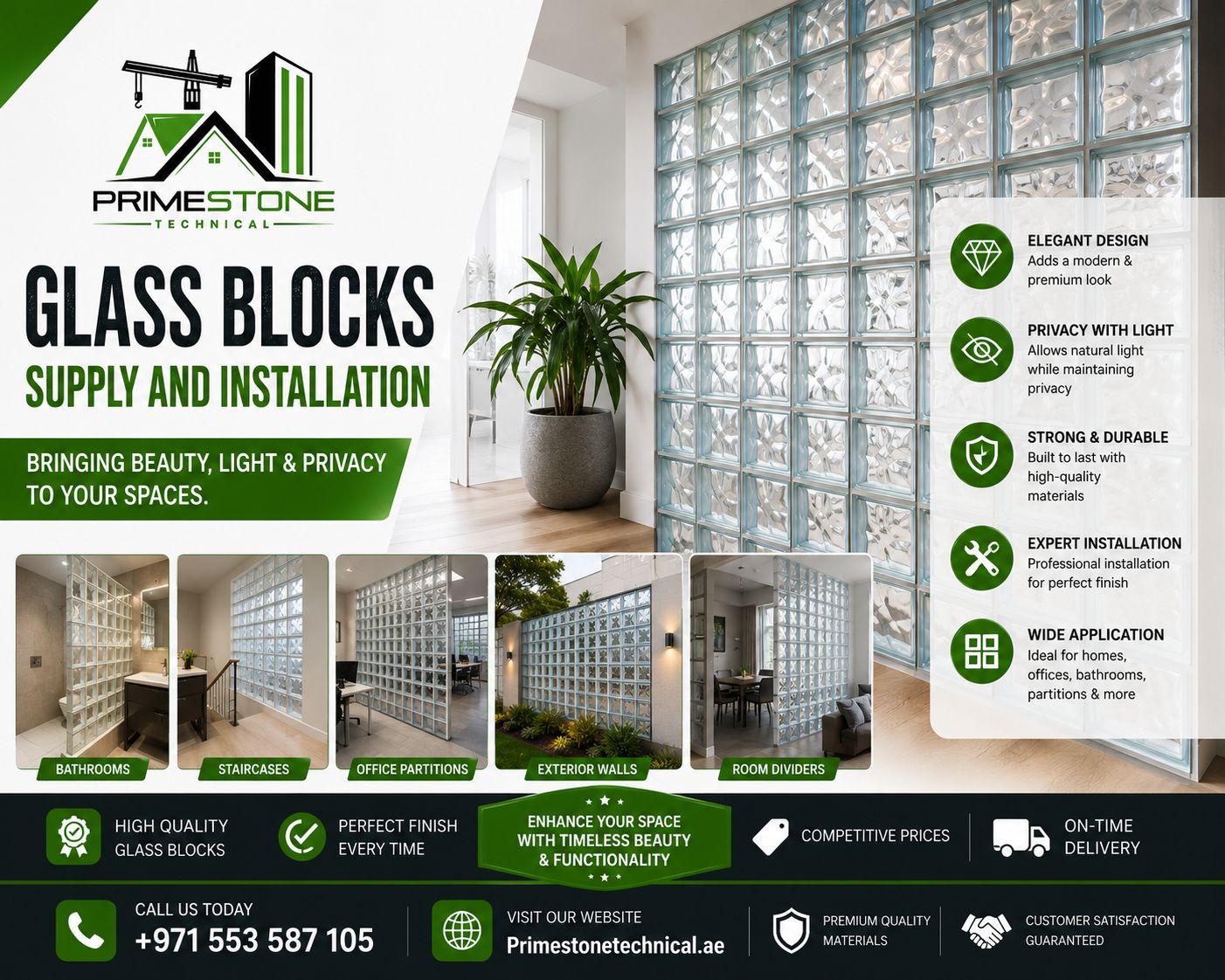 Glass block wall installation in modern Dubai villa bathroom