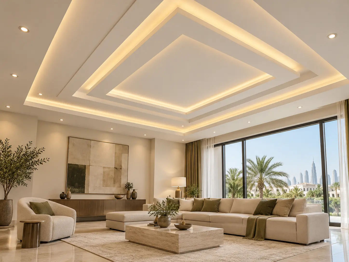Gypsum Ceiling Service 1 Gypsum ceiling design with recessed lighting in a neutral villa living room