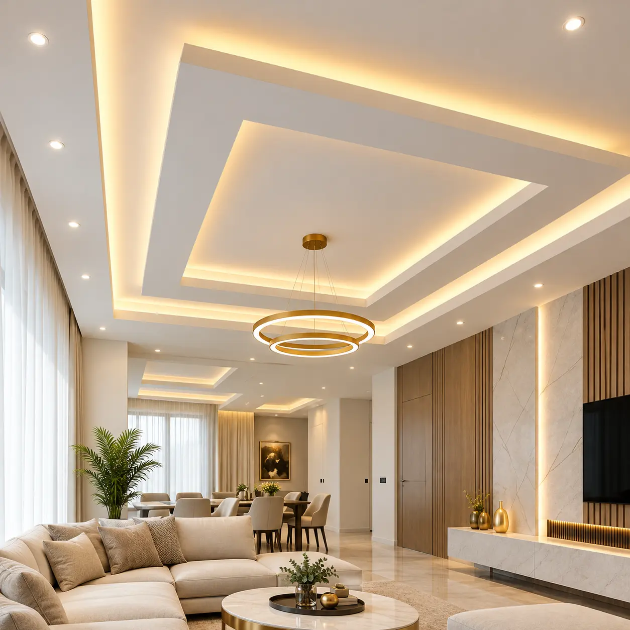 Stepped gypsum ceiling design with concealed lighting in a living room
