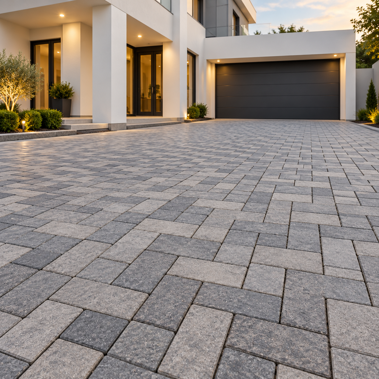 Interlocking paving blocks on a modern villa driveway