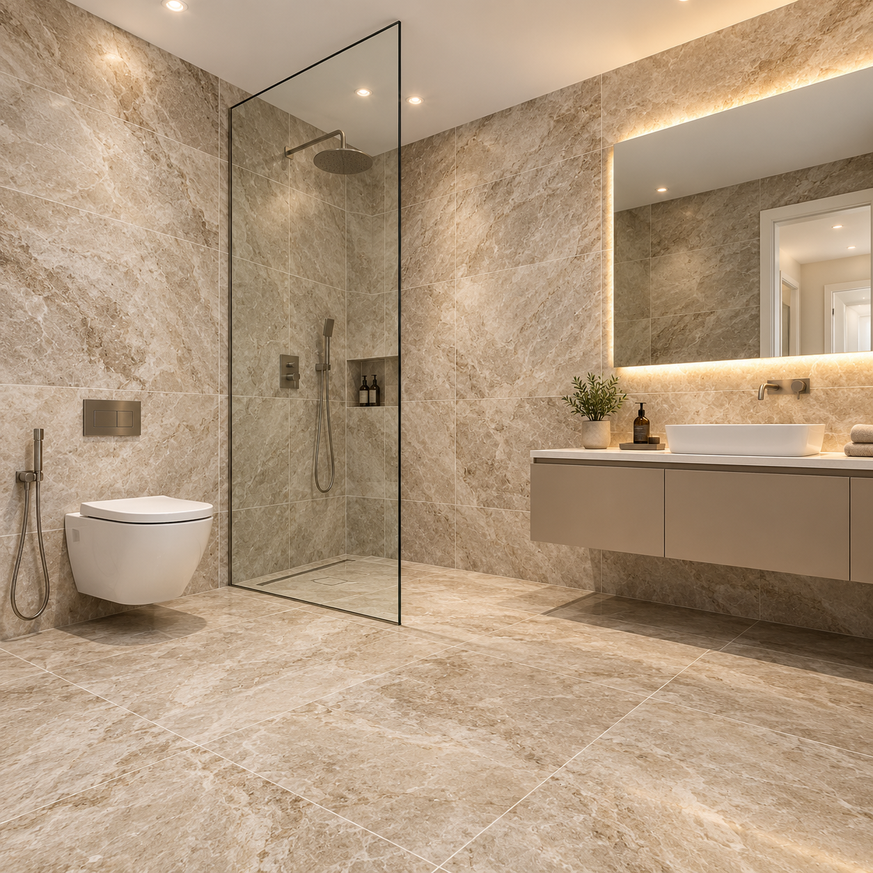 Greige floor and wall tiles in a modern bathroom