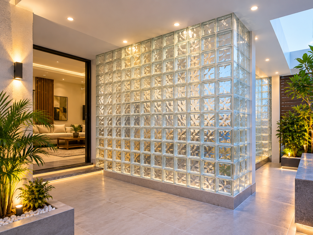 Modern Glass Block Courtyard at Twilight Prime Stone Technical
