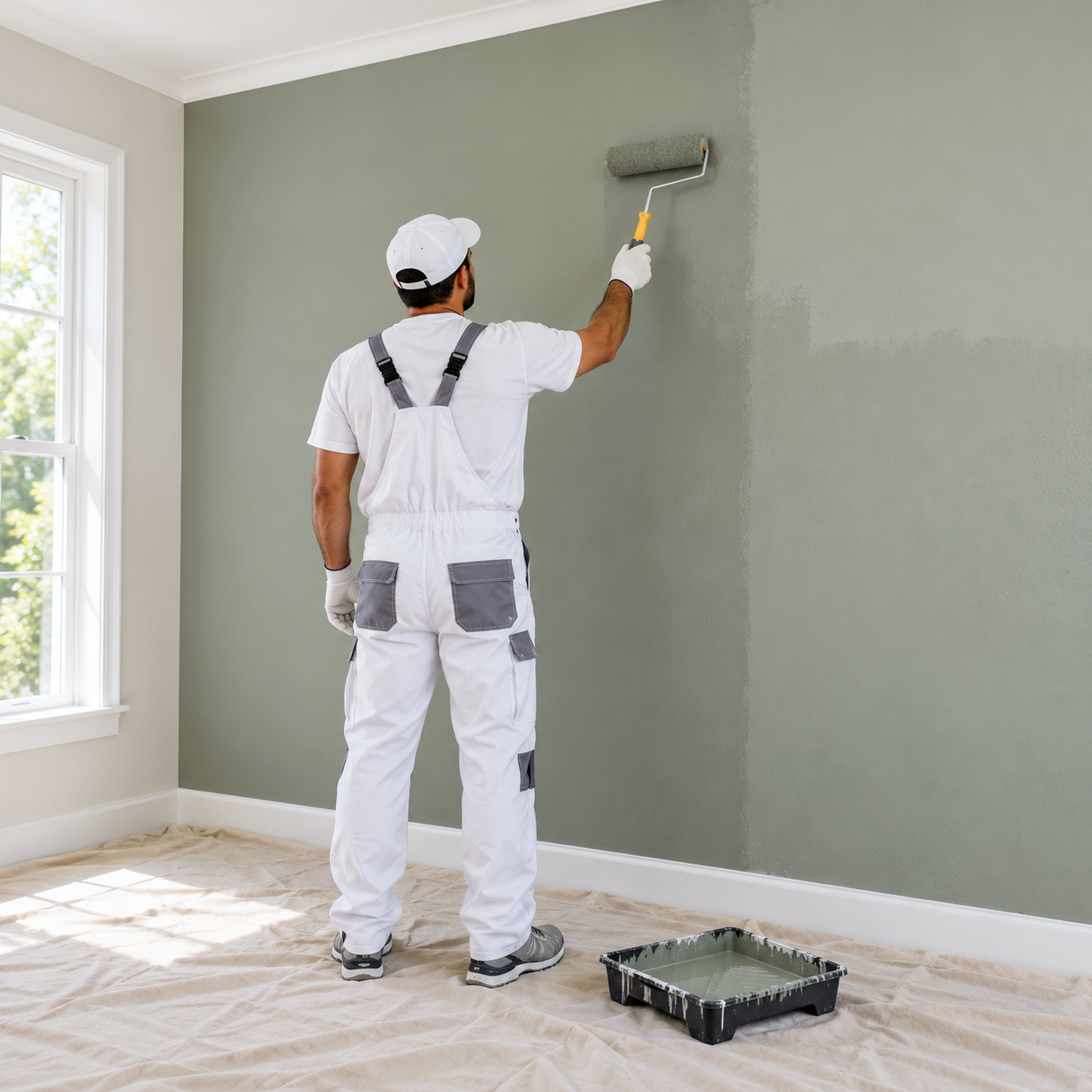 Painter applying paint to a sage coloured interior wall